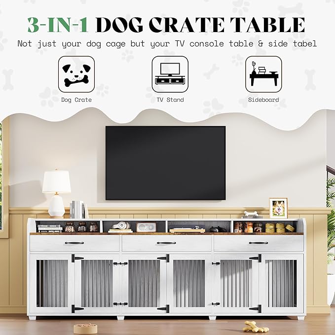 AMERLIFE 95" Large Dog Crate Furniture, Multi-Functional TV Stand with Storage Drawers & Removable Divider for Medium/Large Dogs, White Barnwood