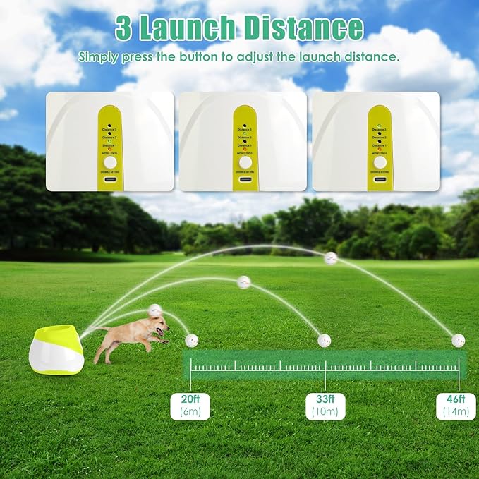 Automatic Dog Ball Launcher, Rechargeable Interactive Fetch Toy for Small & Medium Dogs, 3 Adjustable Distance Settings (20ft/33ft/46ft), 6Pcs 2.3in ETPU Balls, Indoor/Outdoor Pet Ball Thrower