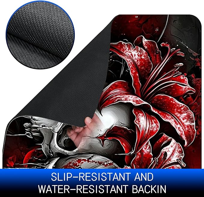 Dog Food Mat, 19.6" x 23.6" Absorbent Pet Feeding Mat for Food and Water, Waterproof Diatom Mud Pet Placemat with Non-Slip Rubber Backing, Easy Clean Cat Bowl Mat for Floors - Red Lily Skull