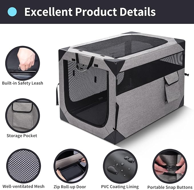 Zikopomi 30 Inch Portable Travel Dog Crate, 3 Door Collapsible Soft Pet Kennel with Durable Mesh Windows for Small and Medium Dogs, Foldable Dog Cage with Storage Pocket for Outdoor (Light Grey)