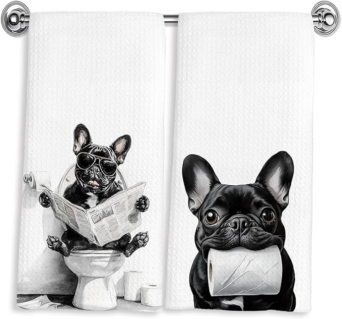 Funny French Bulldog Hand Towels for Bathroom Washroom Decor 16x24 Inches, Frenchie Gifts for Women Men, Funny Frenchie Dog Bathroom Towels Decorative, Set of 2