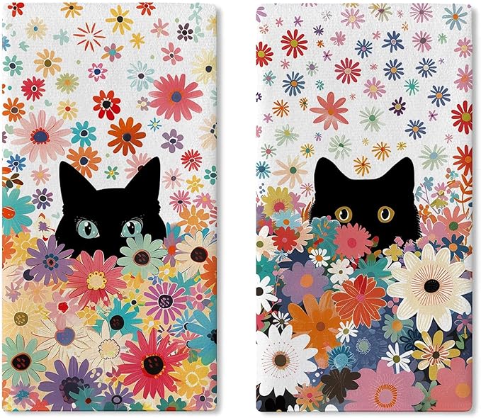 Black Cat Floral Kitchen Dish Towels Set of 2, Spring Summer Colorful Flower Drying Hand Towel Baking Cooking Cloth, Wildflower Bathroom Home Decoration Pet Cat Owner Lover Gifts 18'' x 26''