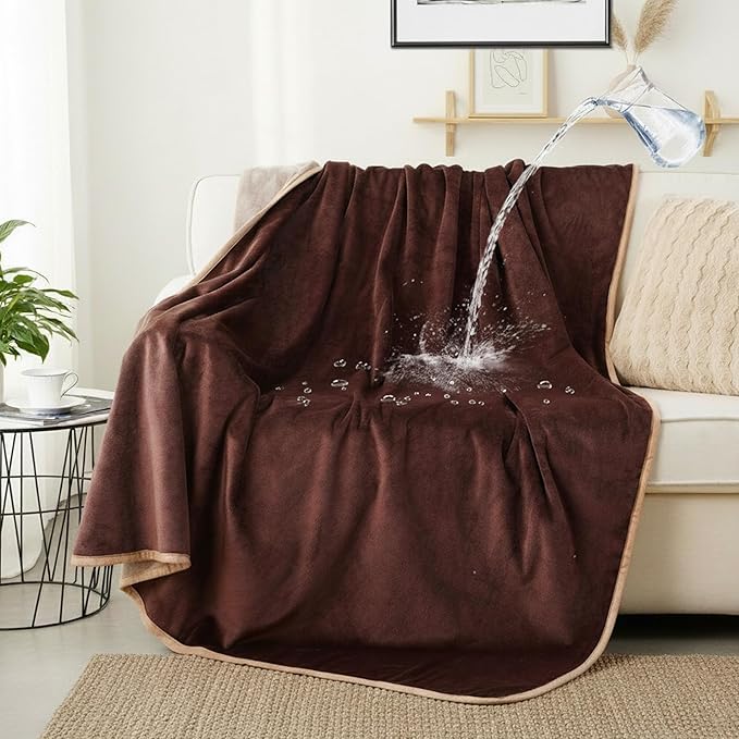 Waterproof Dog Blankets Pet Blanket 50"x60", Soft Fluffy Sofa Car Bed Protector, Reversible Leakproof Flannel Dog Blanket for Large Dogs(Brown)