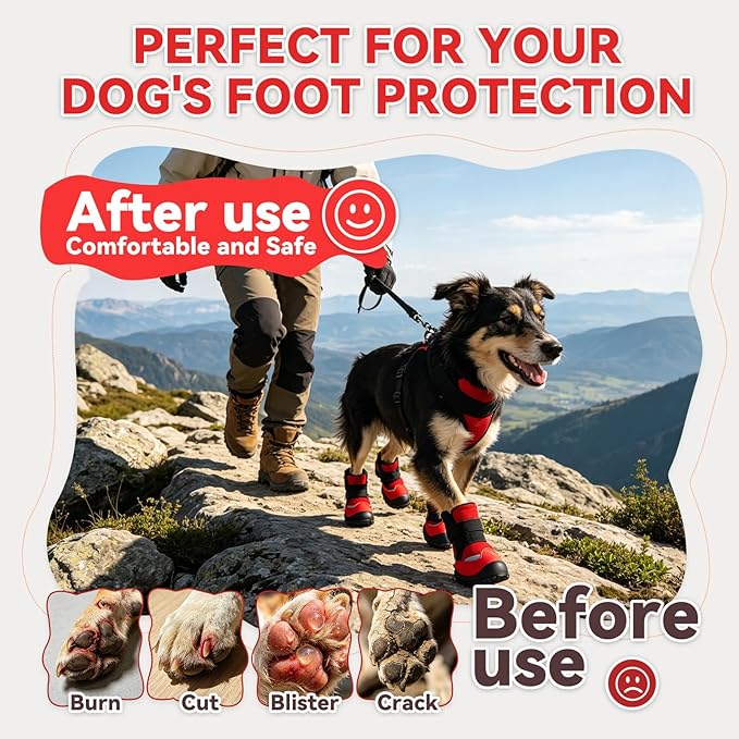 All-Weather Dog Boots for Paw Protection-Durable Dog Booties for Hot Pavement, Snow, Hiking | Non-Slip Sole & Adjustable Straps Outdoor Pet Shoes(red,7#)