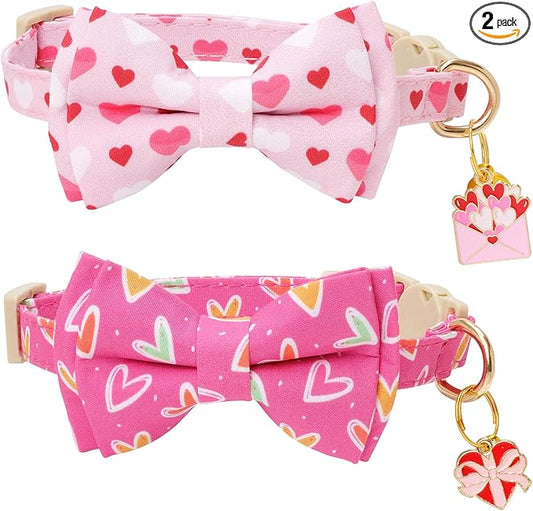 Faygarsle 2 Pack Breakaway Cat Collar with Bow and Bell, Heart Pattern, Pink, Adjustable Safety Buckle, Valentine's Day Theme
