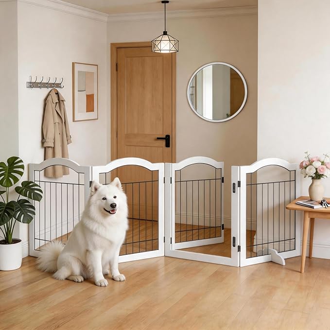 Vantas Folding No-Assembly Dog Door Pet Gate 96" Wide, 30" Tall Wooden Dog Gate with Door Walk Through, Freestanding Wire Pet Gate, Pet Puppy Safety Fence, with 2PCS Support – White