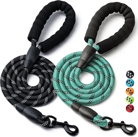 2 Pack Dog Leash, 4/5//6 FT Heavy Duty Nylon Rope Pet Leashes with Comfortable Padded Handle, Reflective Dog Leashes for Small Medium and Large Dogs (6FT-3/8,Black/Turquoise)