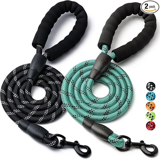2 Pack Dog Leash, 4/5//6 FT Heavy Duty Nylon Rope Pet Leashes with Comfortable Padded Handle, Reflective Dog Leashes for Small Medium and Large Dogs (6FT-1/2,Black/Turquoise)