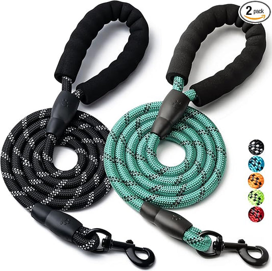 2 Pack Dog Leash, 4/5//6 FT Heavy Duty Nylon Rope Pet Leashes with Comfortable Padded Handle, Reflective Dog Leashes for Small Medium and Large Dogs (6FT-1/2,Black/Turquoise)