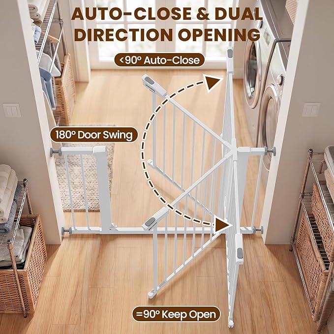 Mumeasy 29.7-40.6" Baby Gate for Stairs, Auto Close Dog Gate for Doorways, Pressure Mounted No Drill Pet Gate with Easy Walk Thru Door, Double Lock, White