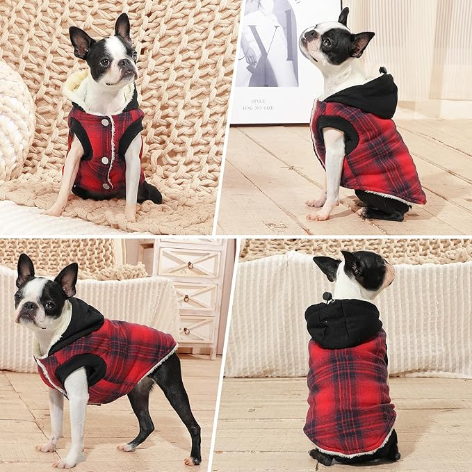 Vecomfy Fleece Lining Dog Hoodie for Medium Dogs Extra Warm Plaid Sweater with Drawstring Hooded Coats in Winter Doggie Jacket,Red XL