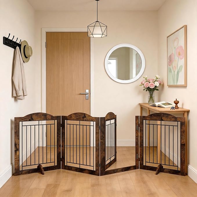 Vantas Folding No-Assembly Dog Door Pet Gate 96" Wide, 30" Tall Wooden Dog Gate with Door Walk Through, Freestanding Wire Pet Gate, Pet Puppy Safety Fence, with 2PCS Support – Rustic Brown