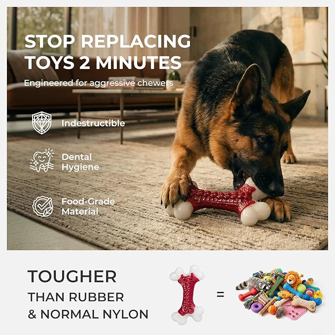 Kseroo 2-Pack Dog Toys for Aggressive Chewers Medium/Large Breed, 8-Inch Solid Nylon Dog Chew Bones, Beef Flavored Tough Dog Toys for 20-90lb Dogs, Red