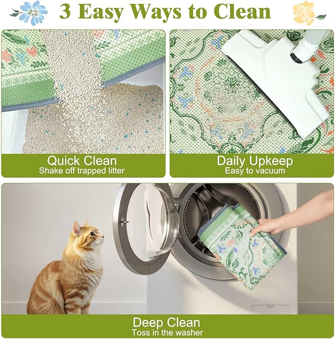 Unicorn Catcher 33X22in Cat Litter Mat Machine Washable Soft 3D Air Mesh Litter Box Rug Non-Slip Backing Quick Dry Scatter Control for Paws,Bean Green