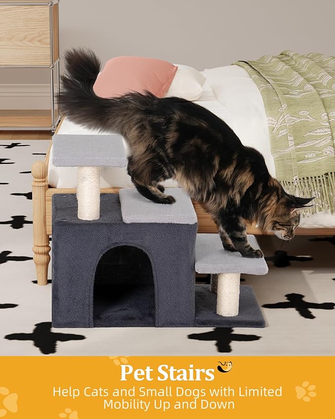 Aechonow 3-in-1 Pet Stairs for Cats, Dog Steps for Doggie Rabbits,7.8'' Depth Cat Stairs,Indoor Cat Steps for High Bed for Pet's Joints, Soft Plush, 1 Big Cat Condo Cave, Sisal Scratcher, Grey, Large