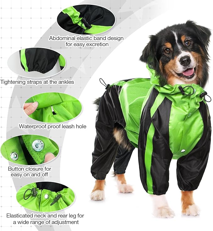 Lightweight Dog Rain Jacket, Adjustable 4-Legs Pet Poncho with Hood, Snow-Proof Dog Vest Rainwear, Rain Clothes Apparel with Leash Hole
