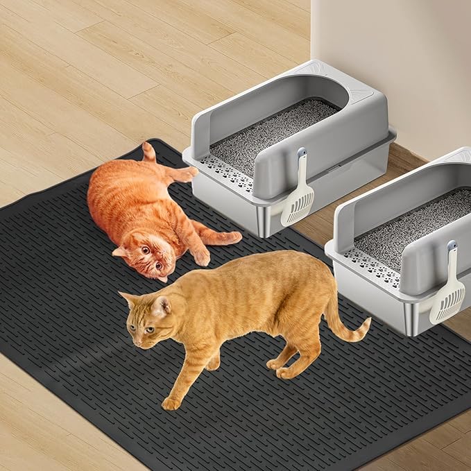 Large Cat Litter Mat 39x27 Inch, XL Waterproof Cat Litter Box Mat, Extra Large Litter Trapping Mat, Washable Rubber Cat Litter Catcher Mat for Multiple Cats, Black