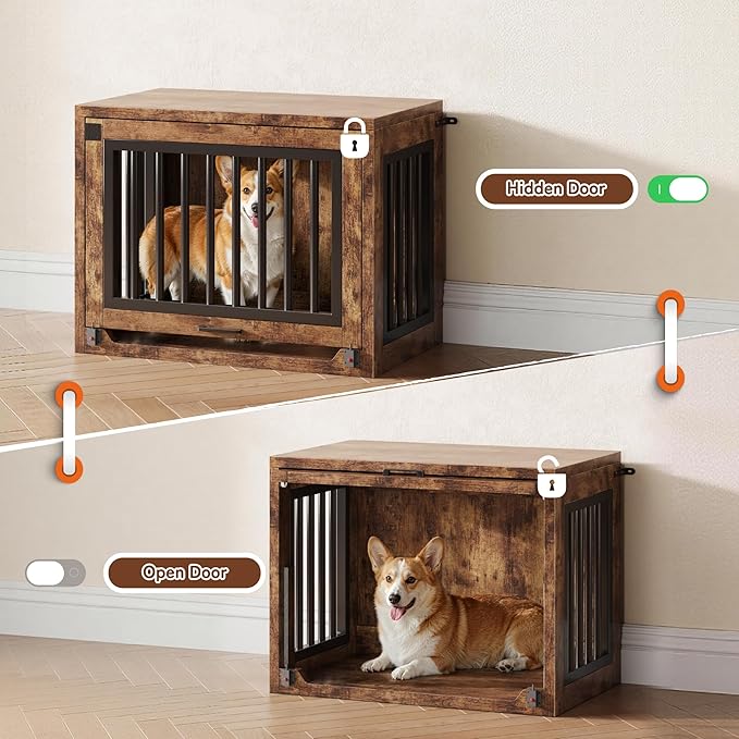 Jocoevol Dog Crate Furniture - 30'' Wooden Dog Kennel for Dogs up to 30 lb, Small Dog Crate with Hidden Sliding Door, Heavy Duty Dog Cage with Safety Latch and Quiet Pads, Rustic Brown
