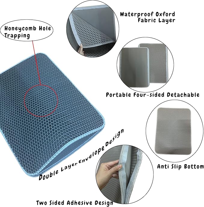 Cat Litter Mat, Honeycomb Double Layer Litter Trapping Mat, 18" x 24" Kitten Litter Box Pad, Waterproof Urine Proof, Washable Easy Clean (Grey)