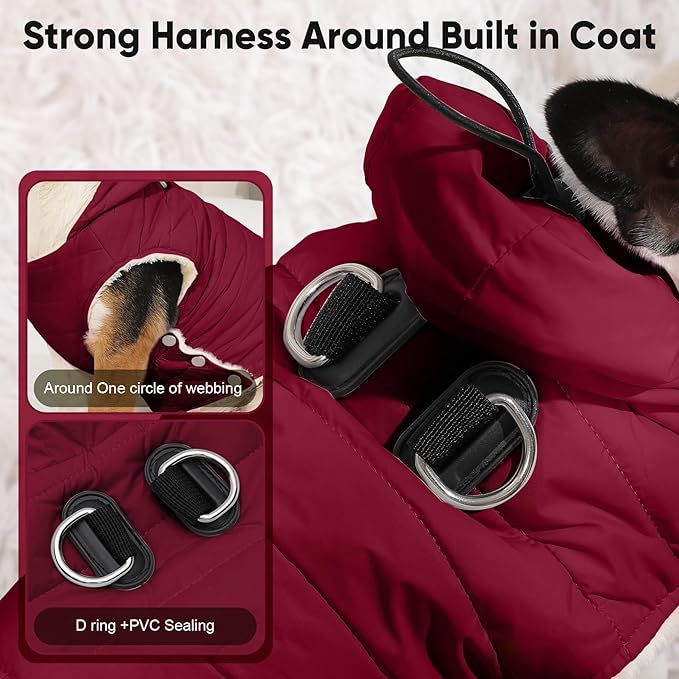 Vecomfy Fleece Lining Dog Hoodie with Harness Built in,Extra Warm Small Dog Jacket in Winter Puppy Coats with Drawstring Hooded,Red XS