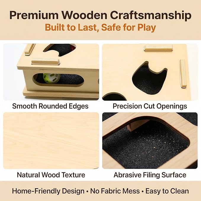 Cat Nail File Scratcher Box, Wooden Cat Scratch Puzzle Enrichment Box with Replaceable Sandpaper Inserts, Interactive Indoor Cat Nail File Toy for Small & Medium Cat