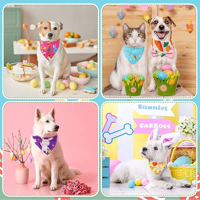 Sanwuta 60 Pcs Easter Dog Bandanas Bulk Bunny Dog Bandanas Adjustable Puppy Bibs Triangle Scarf Holiday Pet Costume for Small Medium Pet (Bunny Pattern)