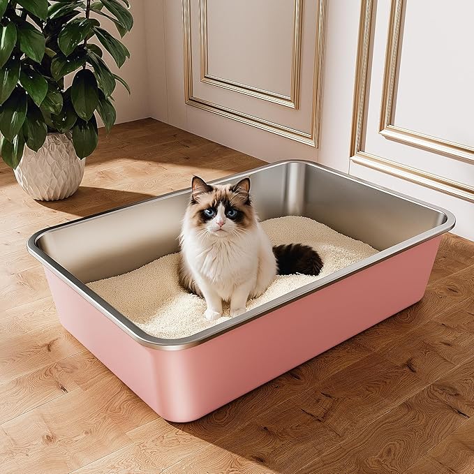 Qiuma Stainless Steel Litter Box, Large Metal Cat Litter Box with High Sided for Big and Small Cats, Non-Stick, Easy to Clean, Odor-Free, 23.4" L×15.6" W×5.9" H, Blush Pink
