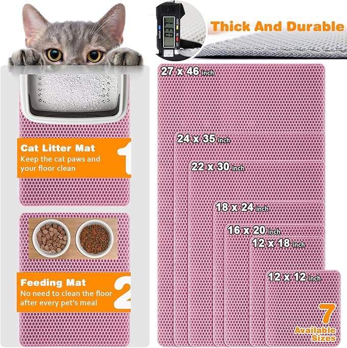 Waterproof Cat Litter Mat, Double Layer EVA, Odor-Free Large Grid, Urine Proof, Easy Cleanup (Pink, 18 x 24)