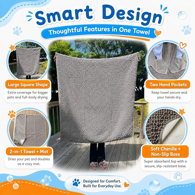 Pet 2-in-1 Dog Towel & Mat – Transforms from Drying to Bath Mat, Ultra Soft, Absorbent & Quick-Drying, Machine Washable Dog Towels with Detachable Non-Slip Mat and Hand Pockets (Small)