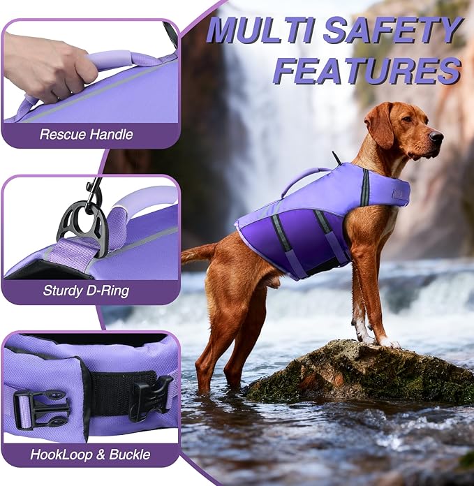 VIVAGLORY Sports Style Dog Life Vest, Dog Life Jacket for Swimming & Boating, Ripstop & Buoyancy for Puppy Doggy, Lifejacket with Handle, L, Purple