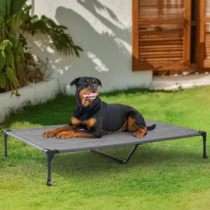 Veehoo Outdoor Elevated Dog Bed Large Sized Dogs, Extra Large Cooling Raised Dog Cots Beds Training Platform Off Ground Hammock with Breathable Mesh, No-Slip Feet, 53"x37", Black Silver