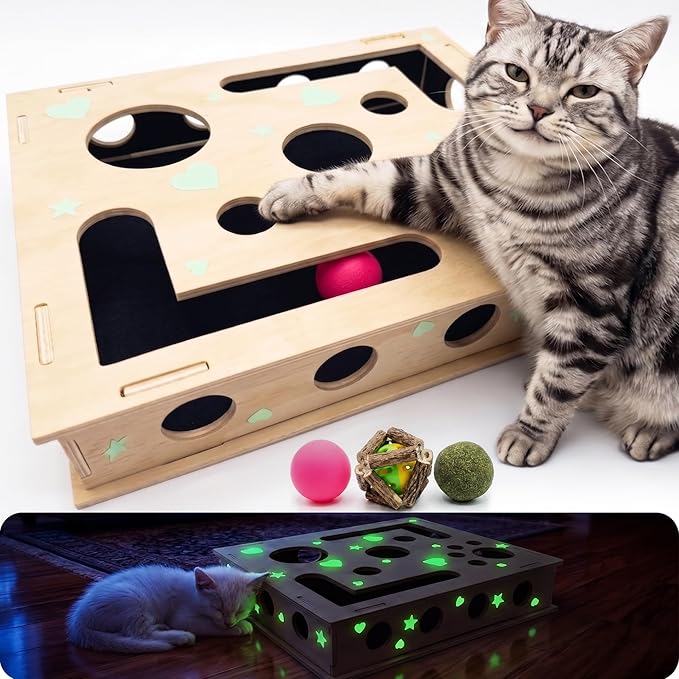 Cat Scratch Puzzle Enrichment Box: Stress-Free Alternative to Painful Trimming, Wooden Glowing Cat Nail File Scratching Box with Pre-Applied Sandpaper for Indoor Cats