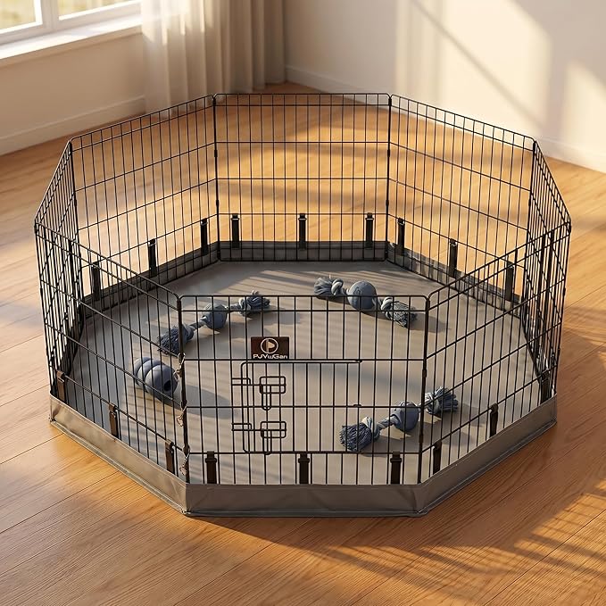 PJYuCien Octagonal Dog Playpen with Bottom Pad - Metal Foldable Exercise Pen, 8 Panels 24" H x 24" W Indoor Outdoor Pet Fence Puppy Crate Kennel, Gray