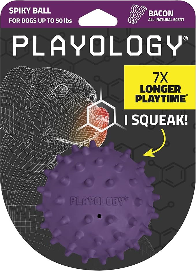 Playology Dog Toys | Squeaky Spiky Chew Ball for Medium Dogs | Bacon Scented Dog Ball for Tough Chewers