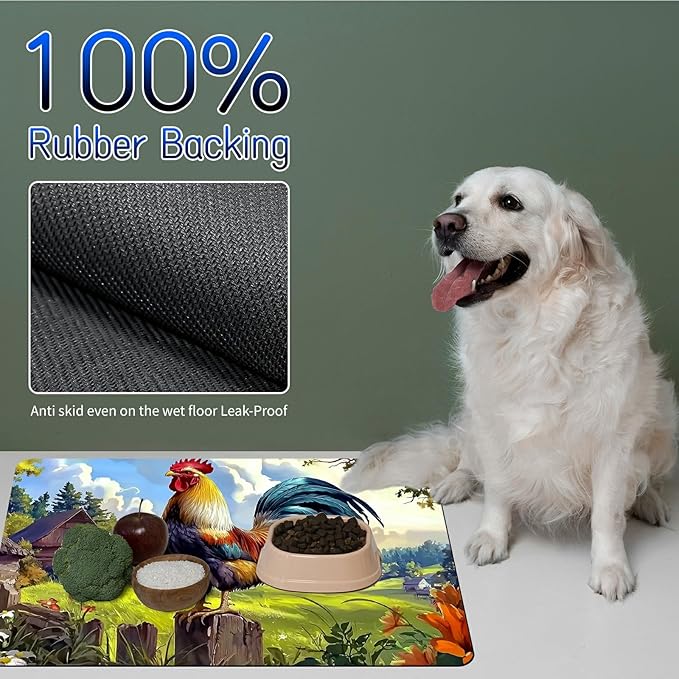 Dog Food Mat, 15.7" x 23.6" Absorbent Pet Feeding Mat for Food and Water, Waterproof Diatom Mud Pet Placemat with Non-Slip Rubber Backing, Easy Clean Cat Bowl Mat for Floors - Village Rooster