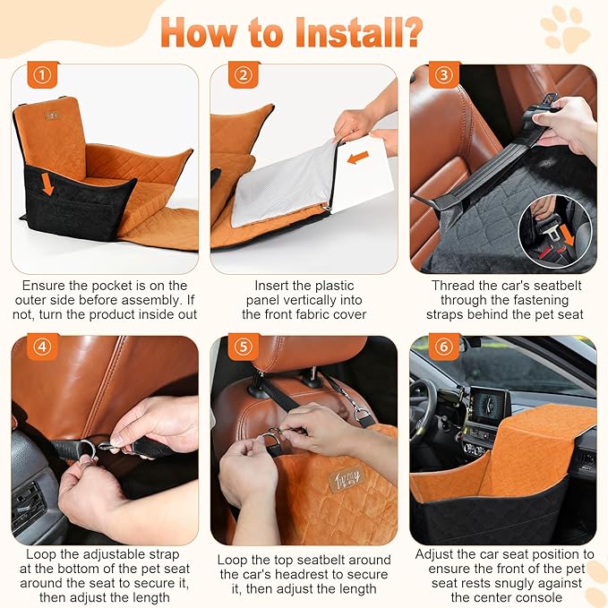 Elevated Dog Car Seat, Dog Booster Car Seats for Small & Medium Breeds Up to 35lbs, Fully Detachable and Washable, Soft Foam Pet Carseat with 2 Storage Pockets & 3 Safety Belts, Black + Brown