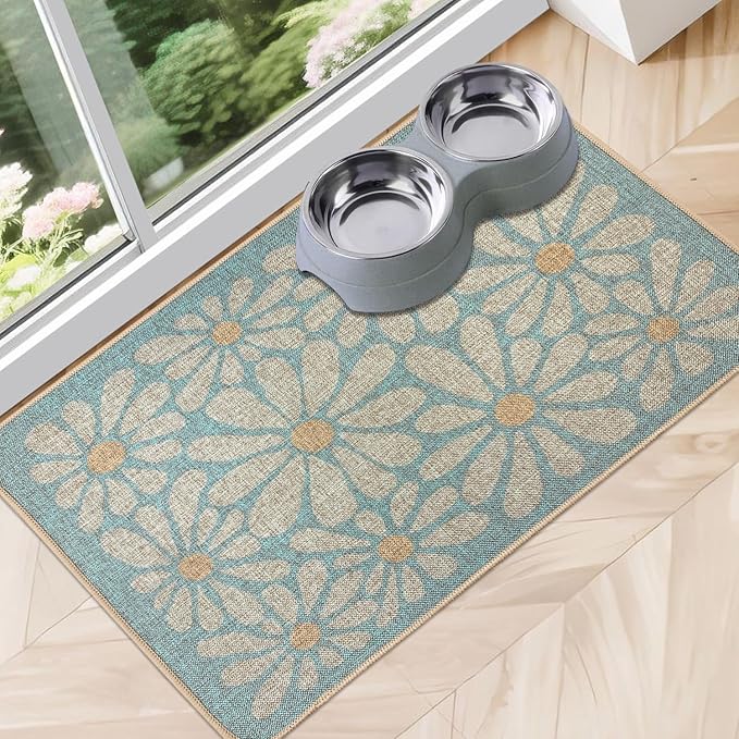 SHIYUE Dog Food Mats for Floors, Absorbent Cat Bowl for Food and Water, Non-Slip Accessories Pet Supplies(17"x30",Sky Blue Flower)