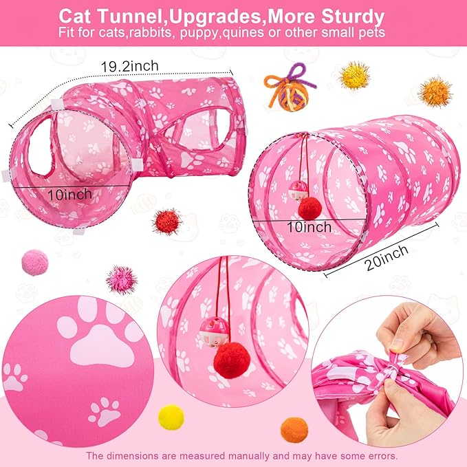 Leitee 40 Pcs Cat Toys Kitten Toys Assortments, Variety Toy Set Including 3 Pink Cat Paws Way Tunnel, Cats Feather Teaser, Fuzzy Mice, Crinkly Ball, Springs, Colorful Balls and Bells for Indoor Pet
