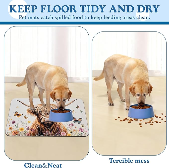 Highland Cow Butterfly Dog Food Mat–Absorbent Quick Dry Feeding Placemat for Food and Water Bowls, Non Slip Rubber Backing, Waterproof Pet Supplies for Mess-Free Eating 16"x24"