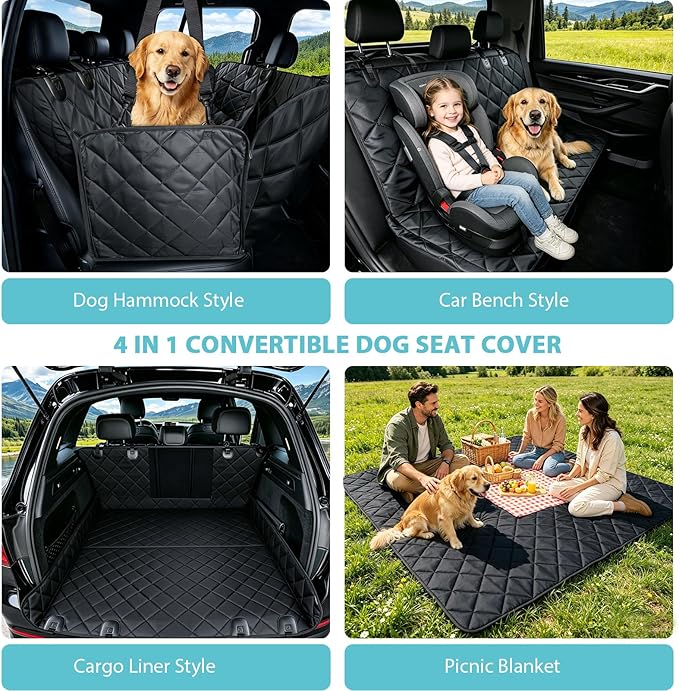 Truck Dog Seat Cover for Pickup Back Seat | Mesh Window & Seat Belt | 100% Waterproof Dog Hammock for Car Safe Travel with Side Door Protectors | Non-Slip, Scratchproof Pet Rear Seat Cover