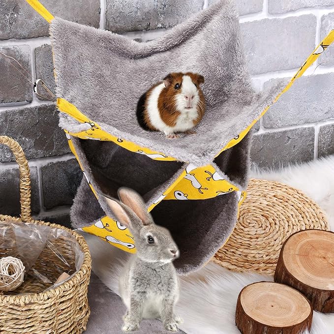 3 Tier Pet Hammocks for Cage, Ferret & Guinea Pig Accessories, 13.7x13.7 Inches, Rat Beds Hammock Hanging Bunkbed for Small Animals, Ferret, Kitten, Squirrel, Chinchilla, Parrot (Yellow)