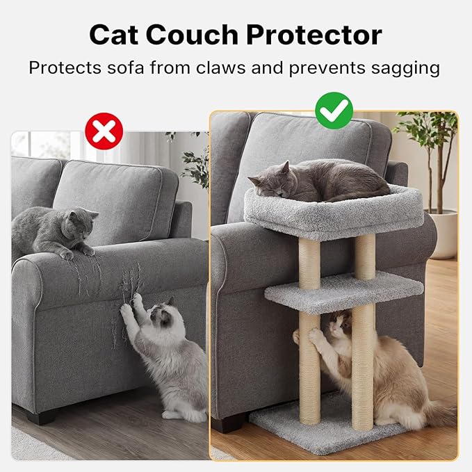 Veehoo Cat Perch with Cat Scratching Post, Couch Corner Protector for Cats, Tall Scratch Post with Cats Bed for Indoor Cats, Size S Fits 23"–24" High Sofa Armrest