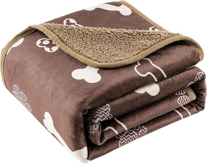Waterproof Dog Blankets Pet Blanket 60"x80", Soft Fluffy Sofa Car Bed Protector, Reversible Sherpa Fleece Dog Blanket for Large Dogs(Chocolate Brown-Bones)