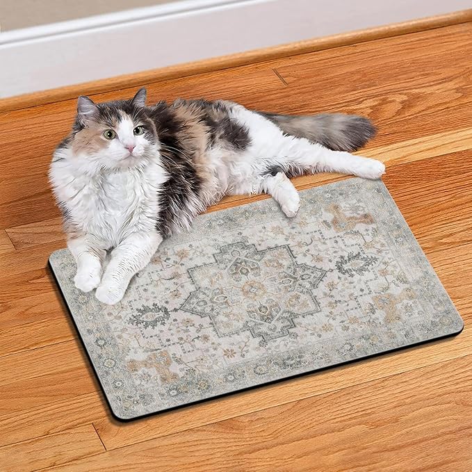 Vintage Tribal Dog Food & Water Mat, Boho Pet Feeding Mat for Floor Non-Slip Waterproof, Super Absorbent Cat Bowl Mat, Easy to Clean Durable Pet Placemat,16" × 24"