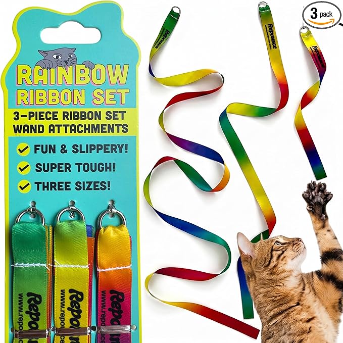Cat Wand Toy Refill Rainbow Ribbon Set for Cat Wand - Ribbon Lures, Detachable Refill, Toy Lures Attachments - 3 Pieces Multi-Length Fun Durable Attachments with Metal Ring