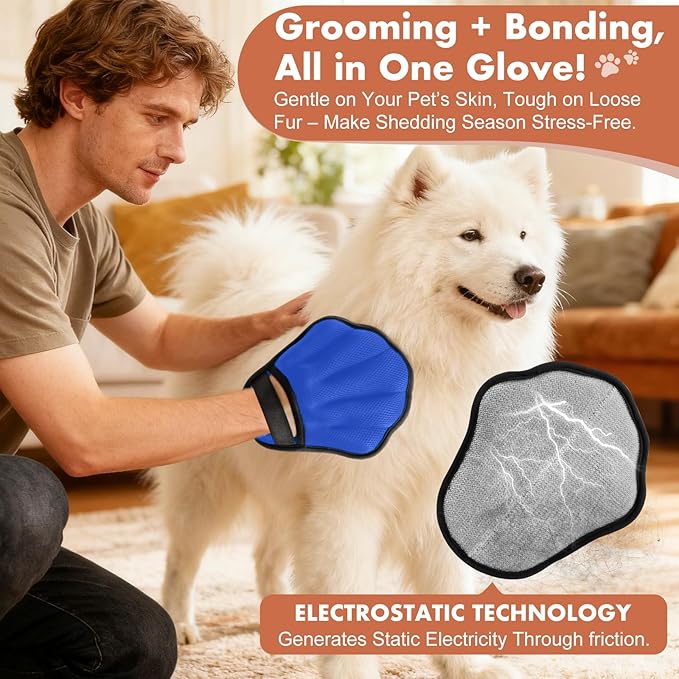 Pet Hair Removal Glove, Electrostatic Pet Hair Remover Glove for Cats & Dogs, Hair Remover Tools for Couch, Carpet, Clothing, Car Seat - Upgraded Five-Finger, Reusable，RoyalBlue+LightGray