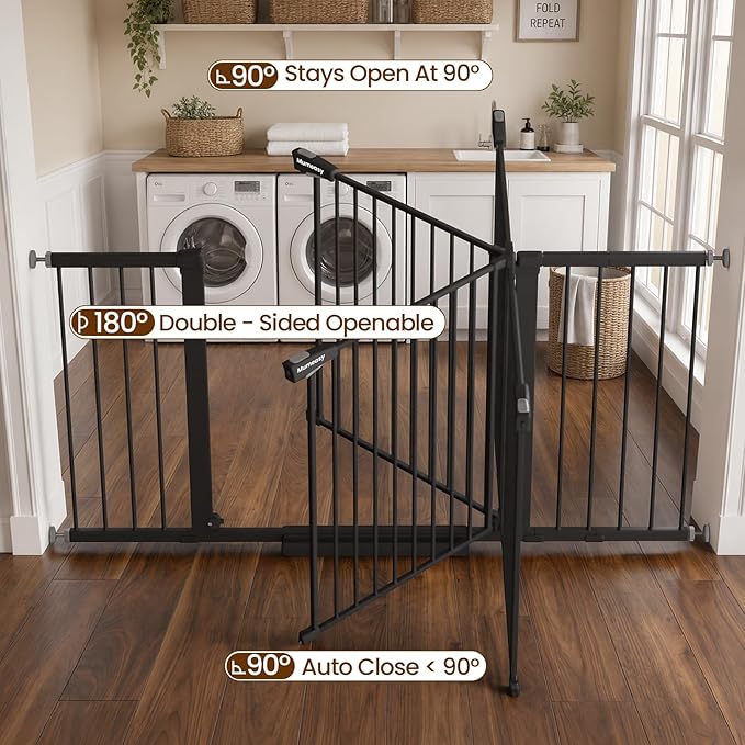 Mumeasy 36-63" Extra Wide Baby Gate for Stairs, 28.74" Walk Through Large Dog Gate for Doorways & Hallways, Auto Close Pet Gate Indoor, Pressure Mounted Child Wide Long Safety Gate for House, Black