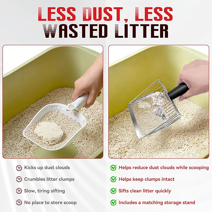 Metal Cat Litter Scoop with Holder, Heavy Duty Deep Sifter with Dual-Hole (10mm/5mm) for Pellets & Clay, Non-Stick (Black)