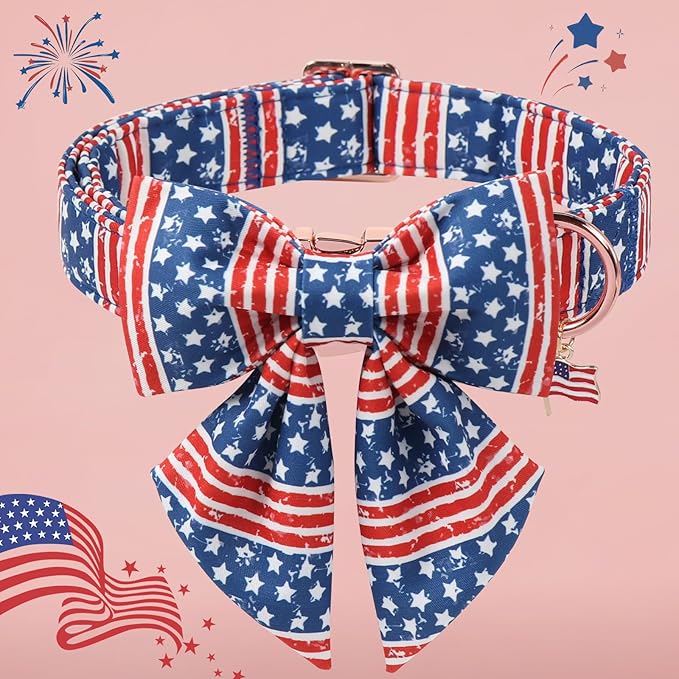 DOGWONG 4th of July American Flag Dog Collar, Red Blue Sailor Bow Tie Dog Collars with Metal Adjustable Buckle, Comfortable Independence Day Dogs Collars for Large Dogs