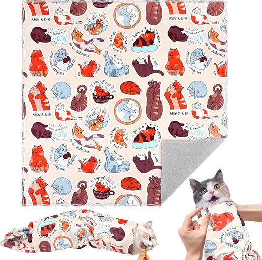 27.6" Cat Grooming Wrap for Cutting Nails, Cat Pattern Self-Adherent Fabric Wrap for Cats, Anti-Scratch Anti-Escape Multifunctional Cat Swaddle Tool for Teeth Brushing, Ear Cleaning
